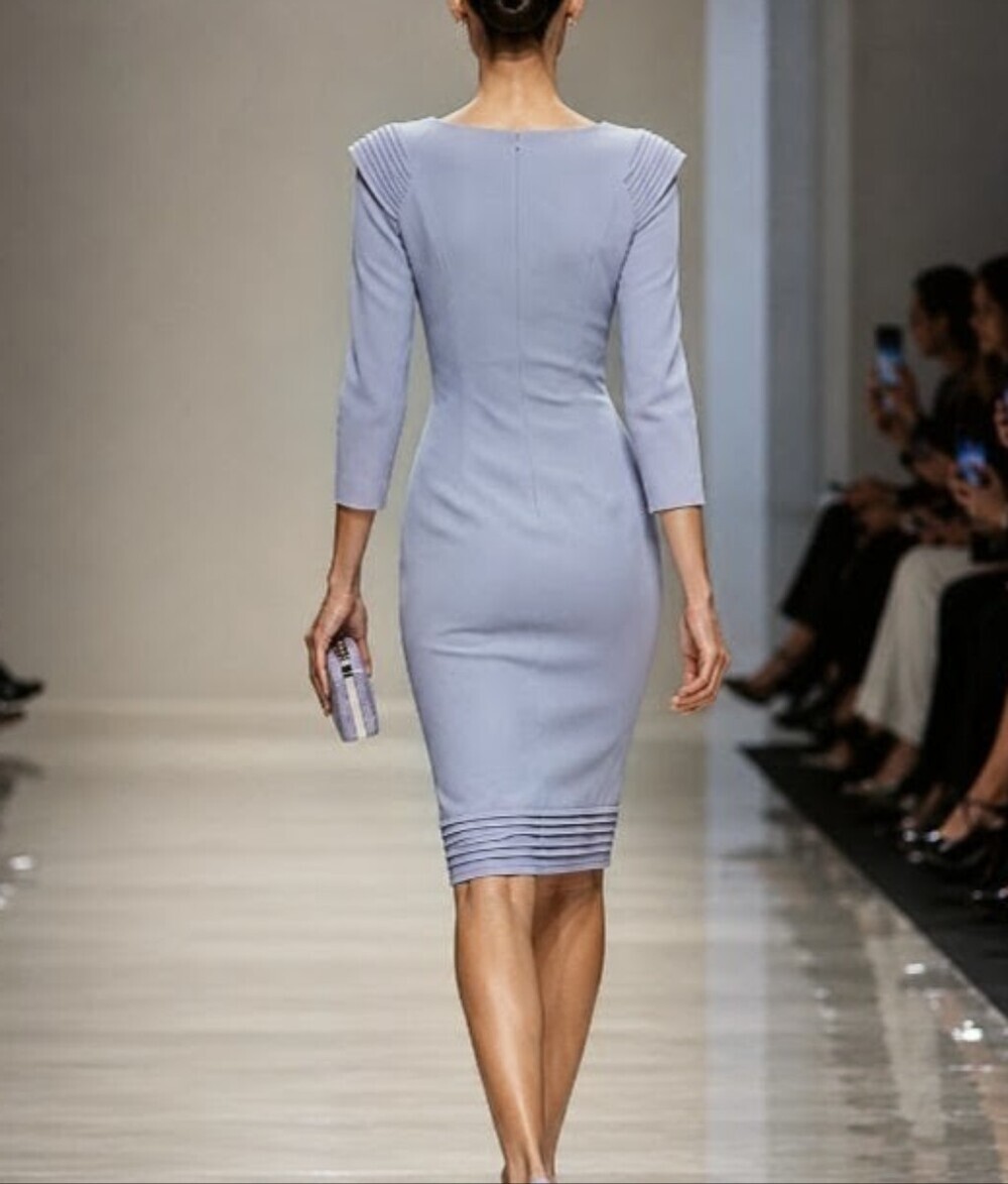 Giorgio Armani Silk Pale Lilac Blue Midi Sheath Pleated Hemline Shoulder Dress L - Picture 2 of 11